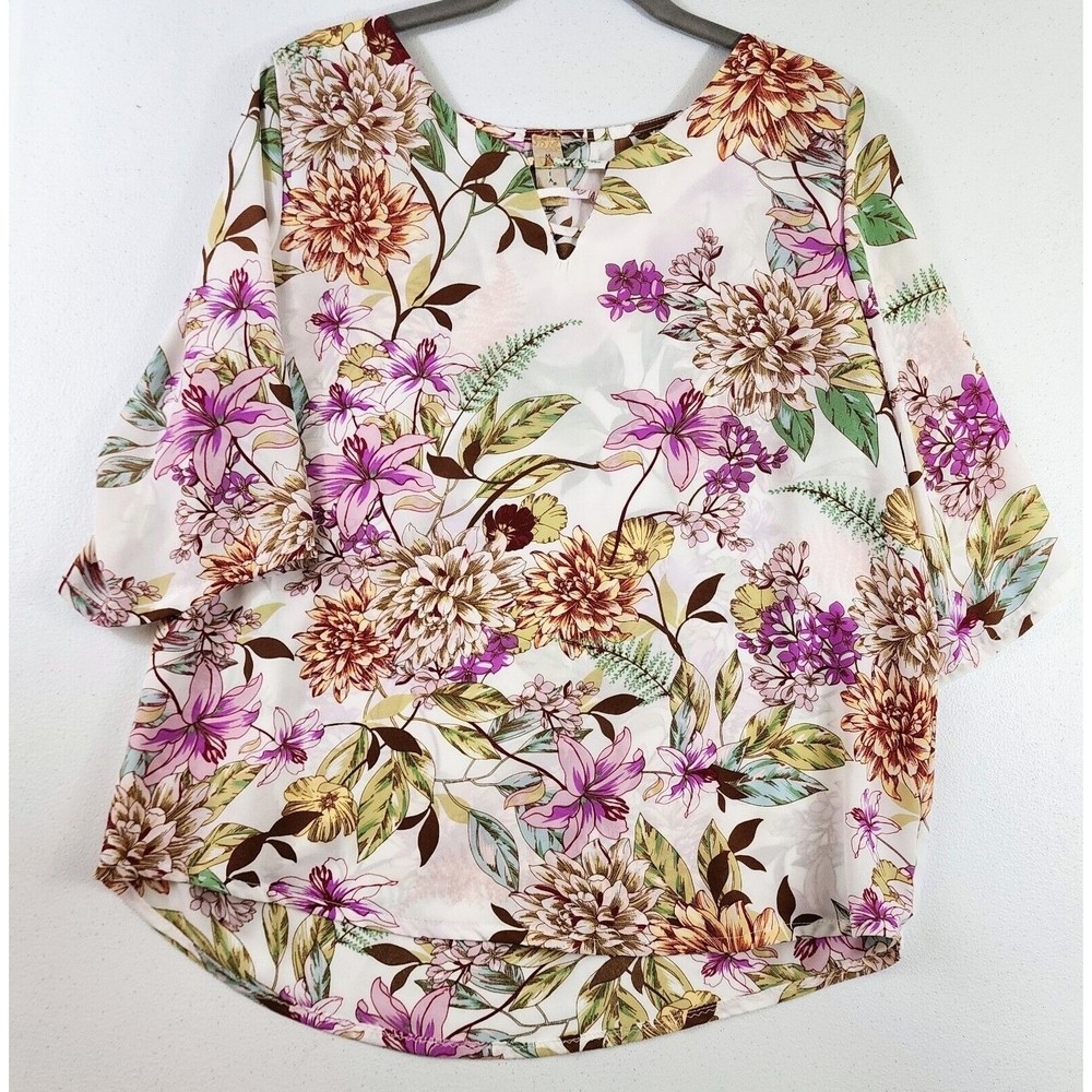 Misia Womens XL White Floral V-Neck 3/4th Sleeve Light Weight Blouse Top